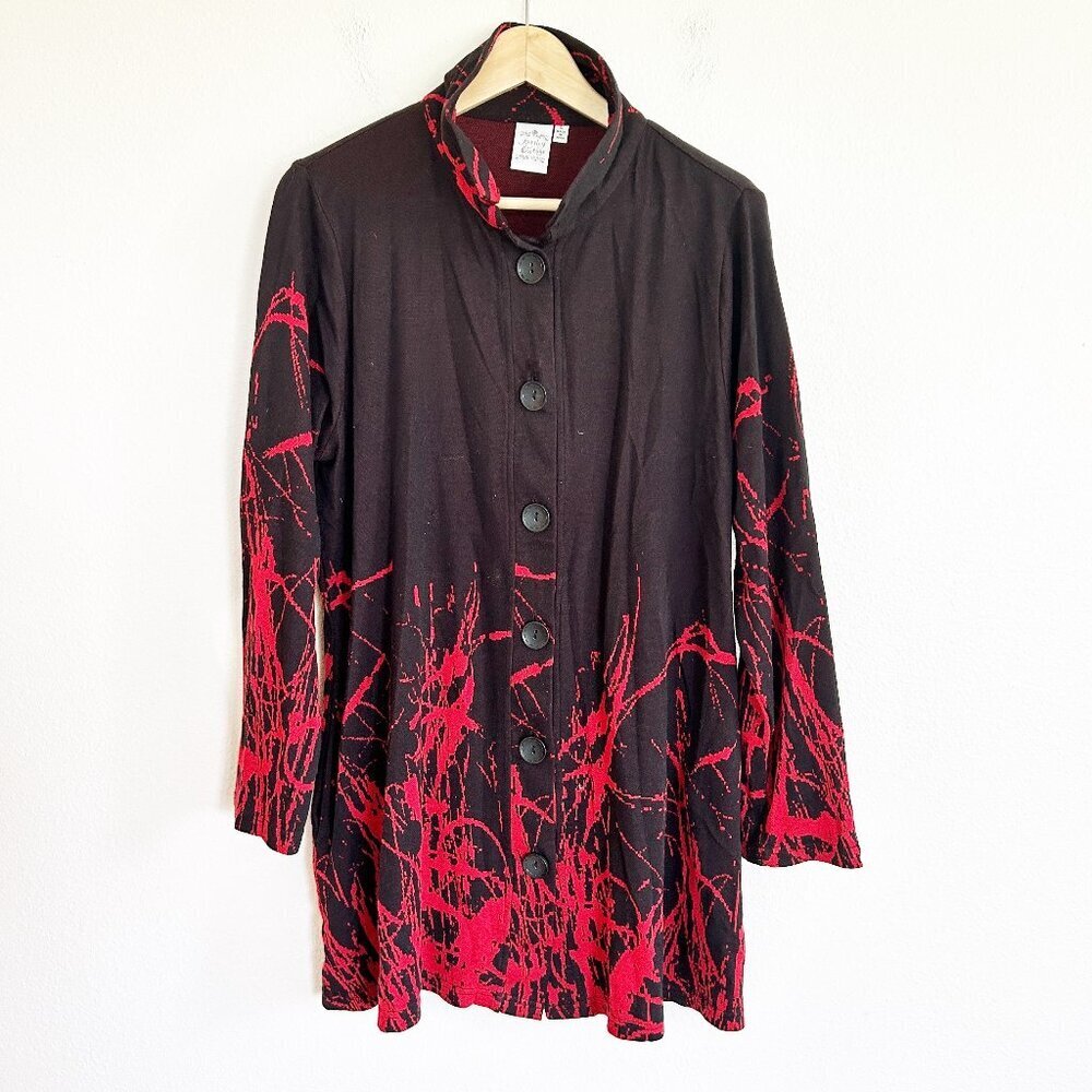 Parsley & Sage Tunic L Red Black Button Up Long Sweater Stand Up Collar